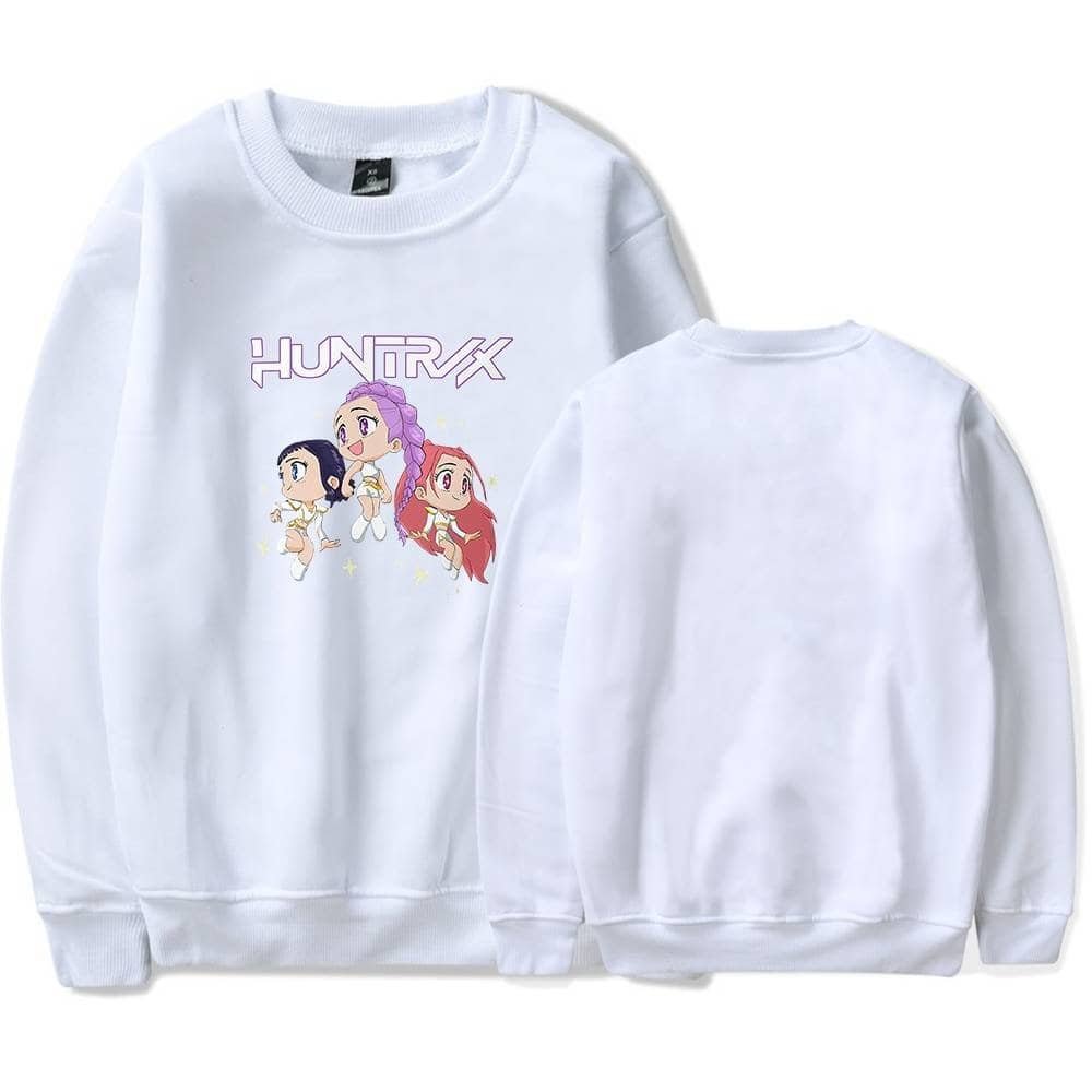 High-quality white sweatshirt featuring animated characters with colorful designs, perfect for affordable yet stylish merchandise. Made from comfortable, durable material for everyday wear.
