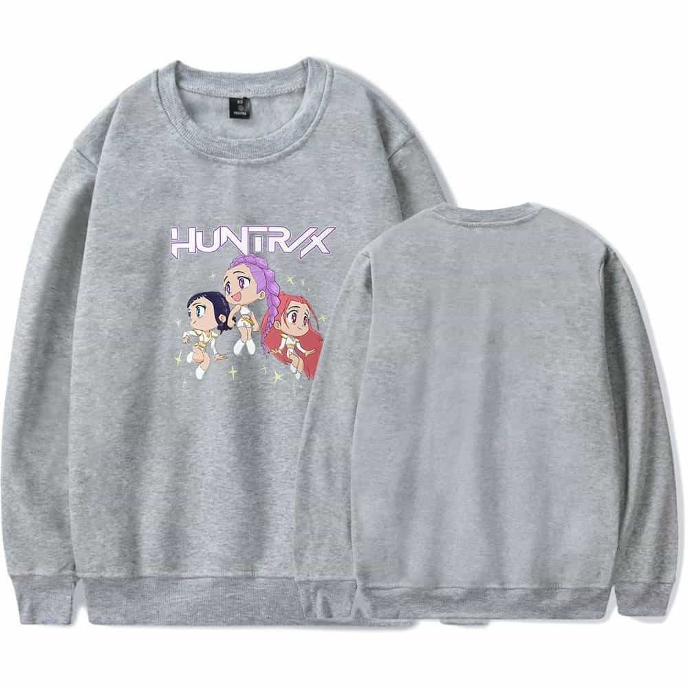 Affordable high-quality gray sweatshirt featuring colorful cartoon characters from the anime "Huntrax." Perfect for fans seeking stylish, budget-friendly merch.