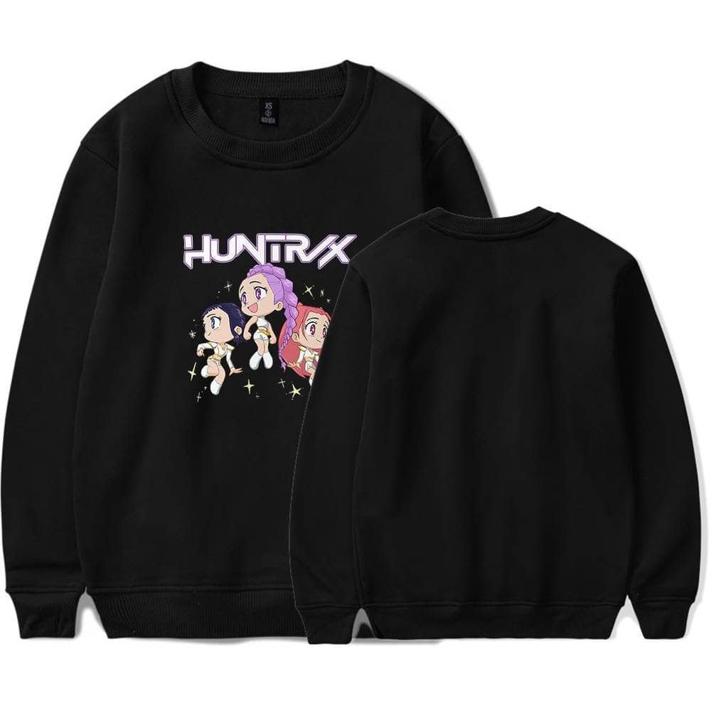 Huntix cartoon character sweatshirt, black crewneck with colorful anime-inspired graphics, casual and comfortable for everyday wear.