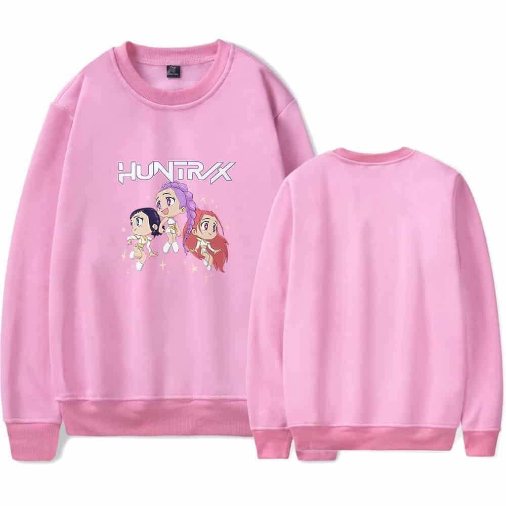 Huntax cartoon girls on pink sweatshirt, casual high-quality merch for women, affordable and trendy.
