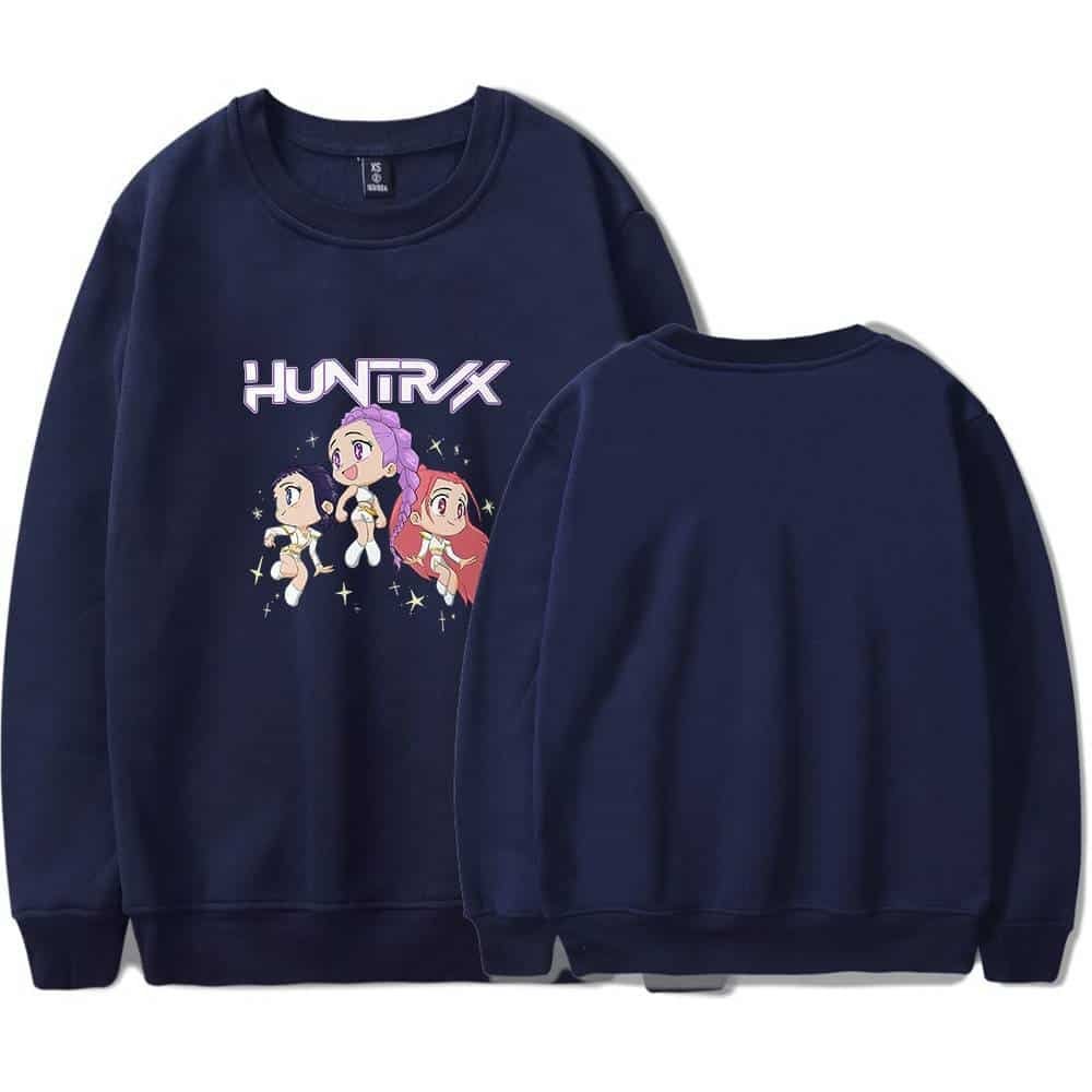 Stylish navy blue sweatshirt featuring a colorful animated girl group with "Huntrax" text, perfect for affordable high-quality merch.