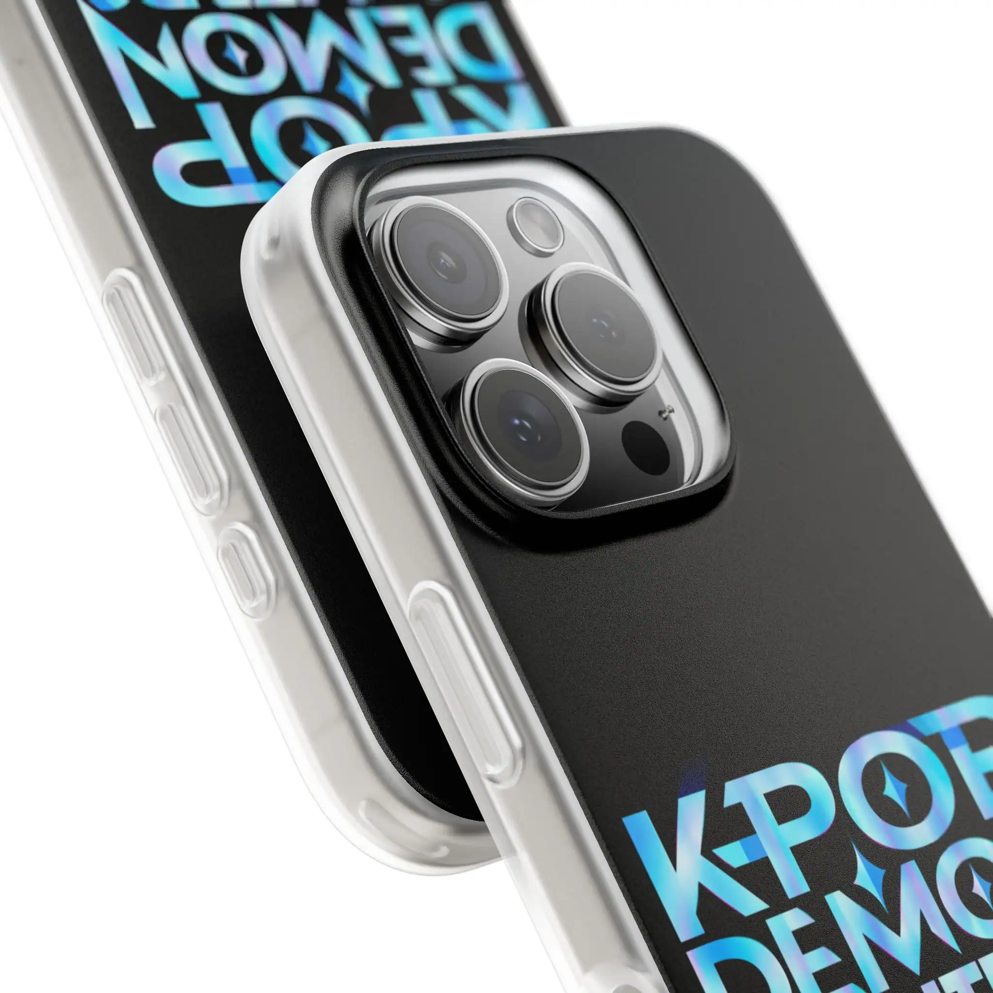 IPhone with a sleek black and clear case featuring bold, holographic "K-Pop DEMON" merchandise logo on the back.