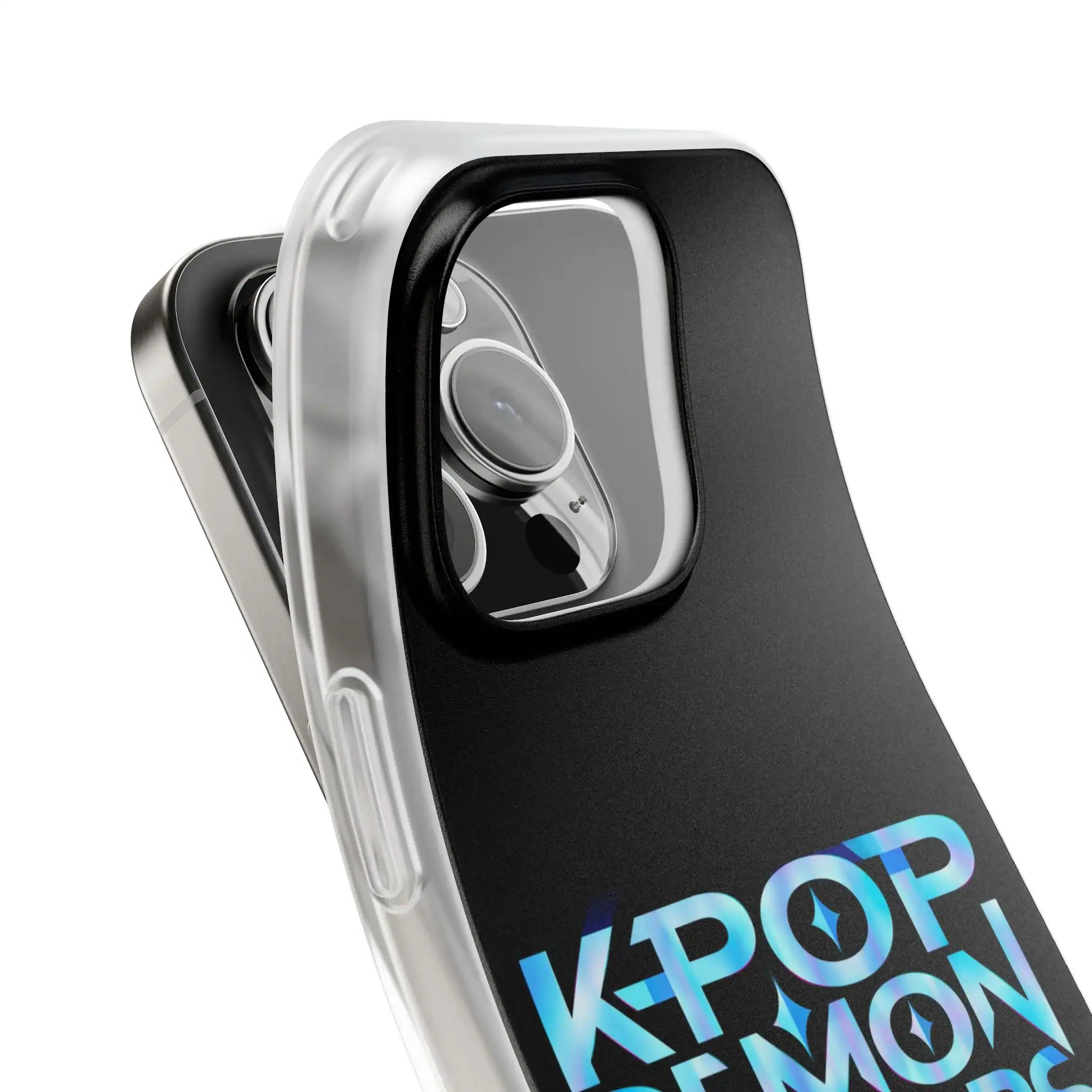 Clear protective phone case with K-pop theme in black and holographic text, designed for high-quality, affordable merch.