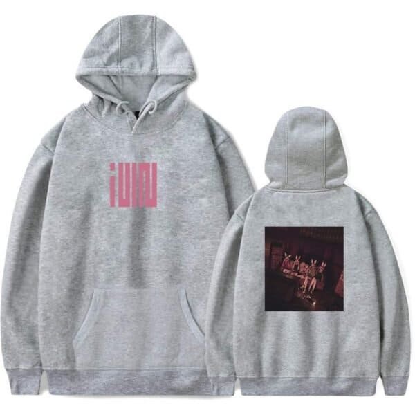 Grey hoodie with pink graphic on front and dark photo print on back, inexpensive high-quality streetwear sweatshirt.