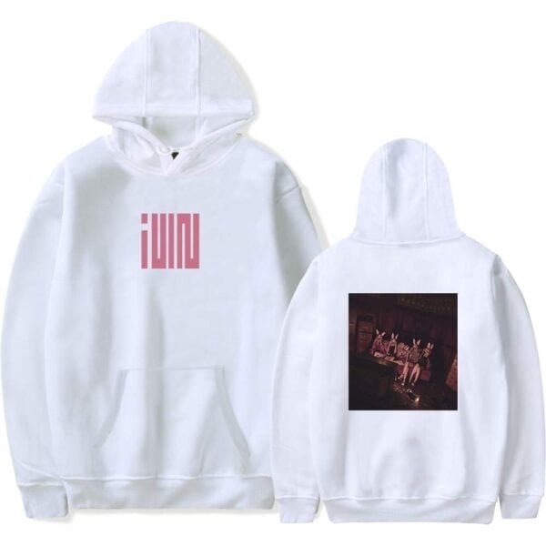 Custom white hoodie with stylish pink graphic on the front and artistic print of rabbits in a cozy setting on the back, offering affordable, high-quality merch.