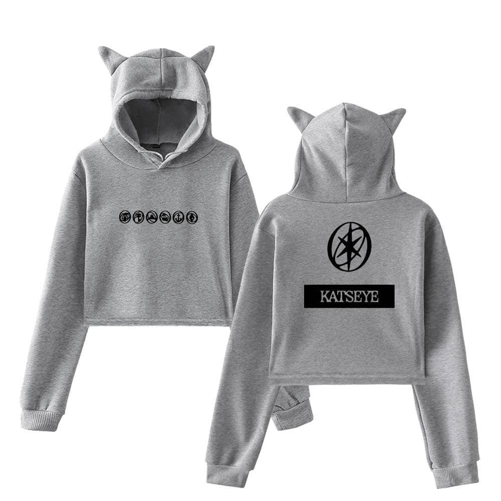 Hoodie with cat ears in gray, featuring stylish black graphic prints on front and back, perfect for casual wear and making a cute fashion statement, high quality and affordable price.