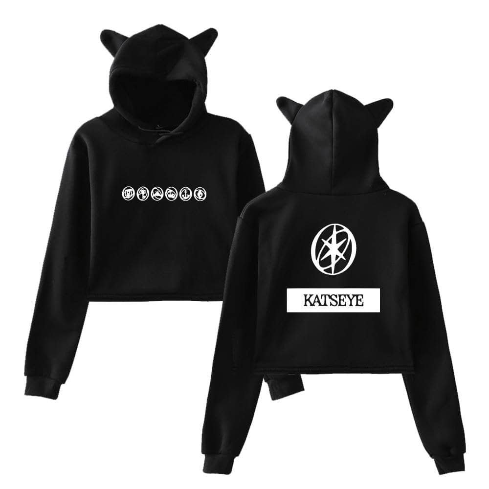Black hooded sweatshirt with cute cat ears and bold graphic designs, perfect for stylish and affordable casual wear.