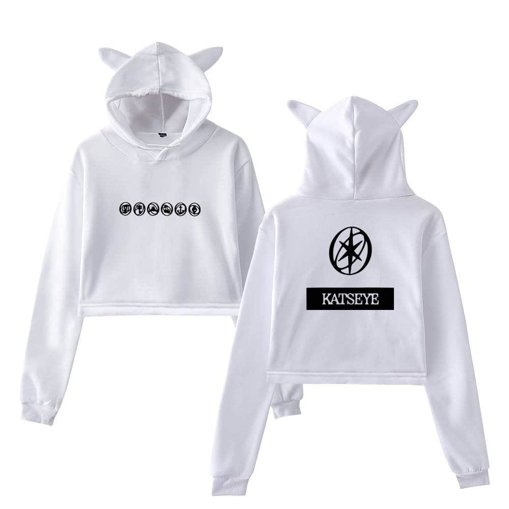 Premium white hoodie and jogger set with cute animal ears, featuring stylish black graphic prints, perfect for affordable, high-quality merchandise.