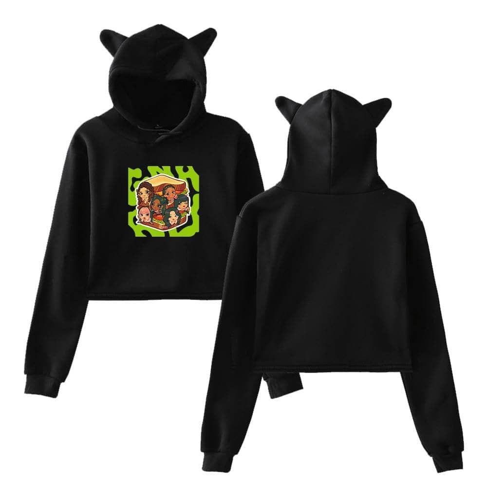 Minimalist black hoodie with cute cartoon character print, affordable high-quality merchandise, trendy and comfortable, perfect for casual wear.