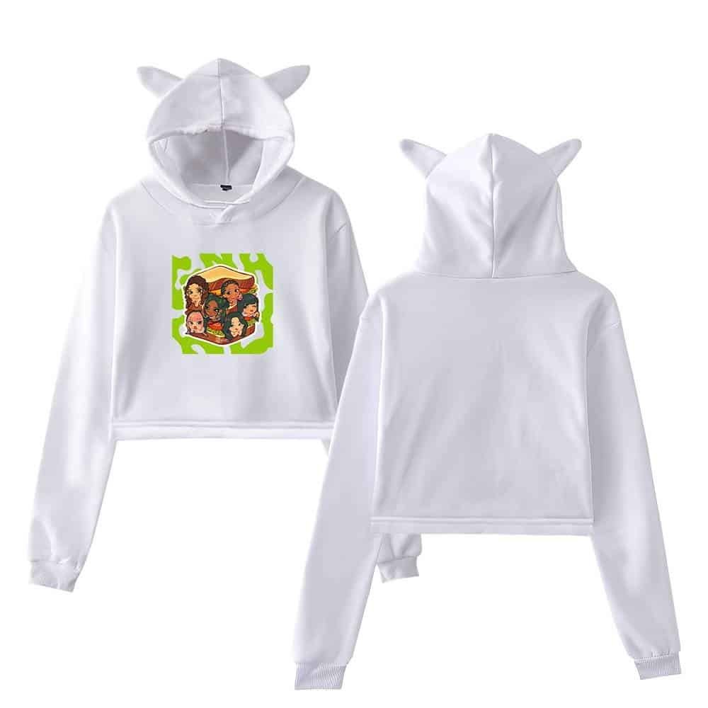 White hoodie and jogger set with cute animal ears, perfect for comfortable and trendy casual wear, featuring a fun cartoon design on the front.