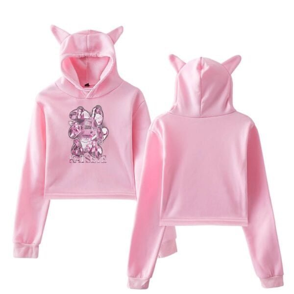 Hoodie set with cat ears in pink fleece, featuring graphic design and "KATSUKE" text, perfect for stylish and affordable high-quality merch.