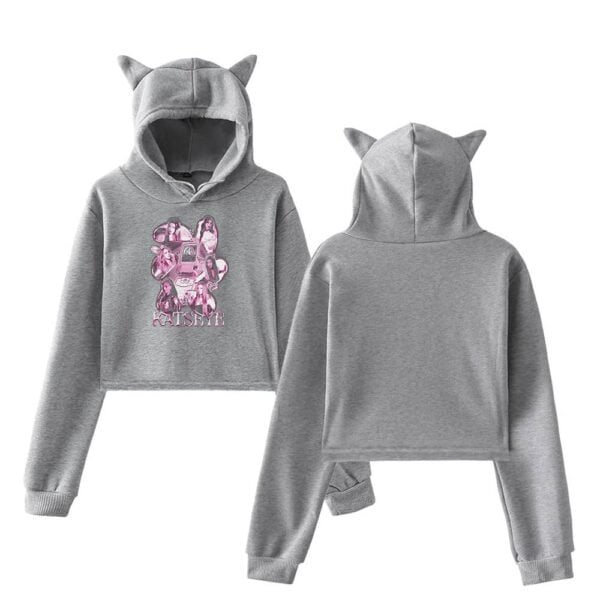 Hoodie set with cat ear hood, featuring a pink graphic print and "KAUSEYE" text, made of high-quality, affordable materials perfect for trendy casual wear.