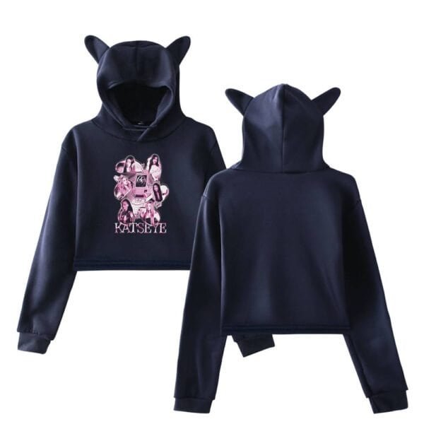 Black hoodie with cartoon graphics and "KATIE" text, featuring cute animal ears on the hood, designed for affordable, high-quality streetwear fashion.