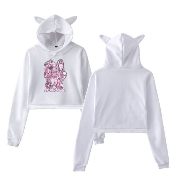 White hoodie and sweatpants set with cute animal ears, featuring a pink graphic design on the front for a stylish and cozy look. Perfect for affordable, high-quality casual wear.