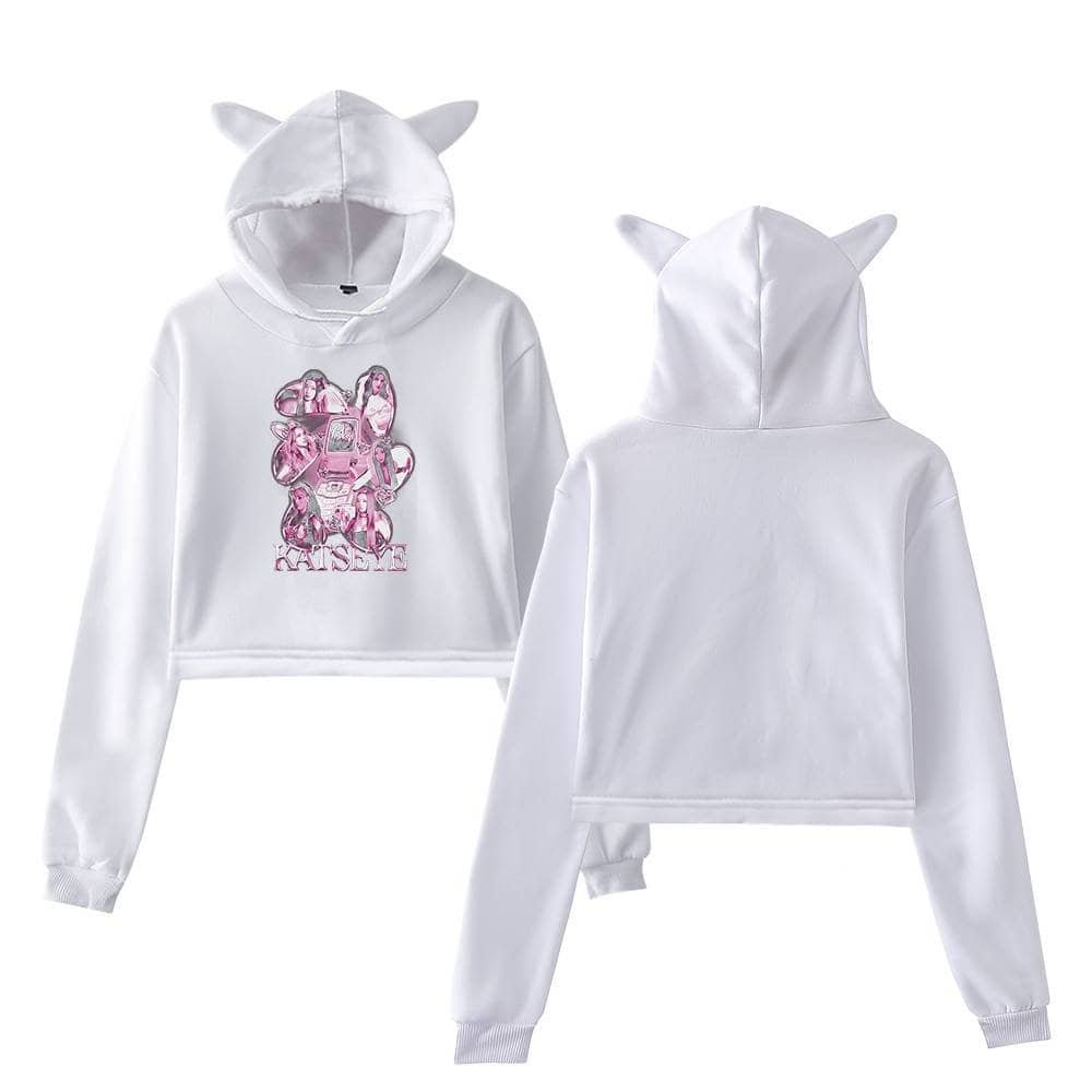 White hoodie and sweatpants set with cute animal ears, featuring a pink graphic design on the front for a stylish and cozy look. Perfect for affordable, high-quality casual wear.
