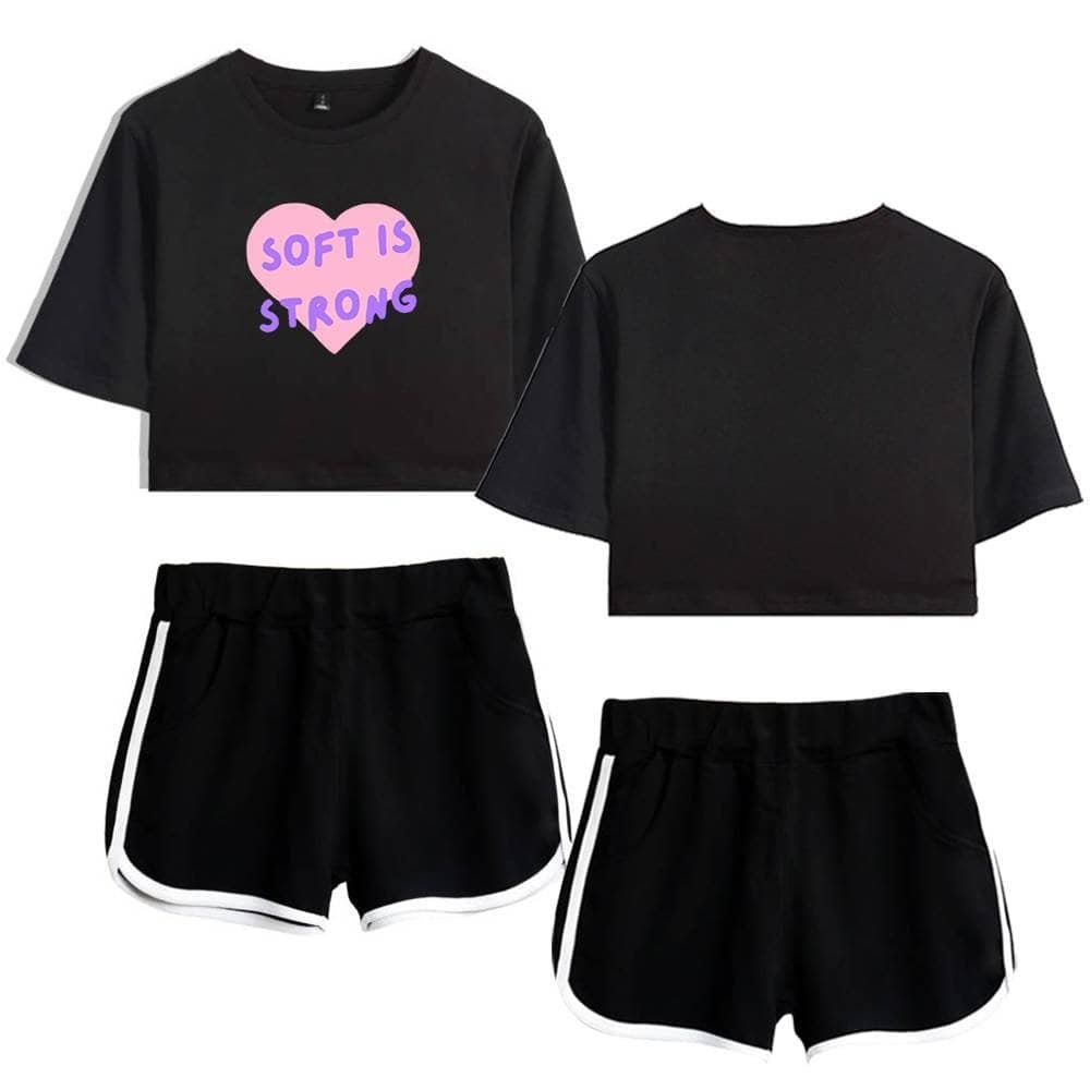 Soft durable black crop tops and athletic shorts set, affordable high-quality merch options.