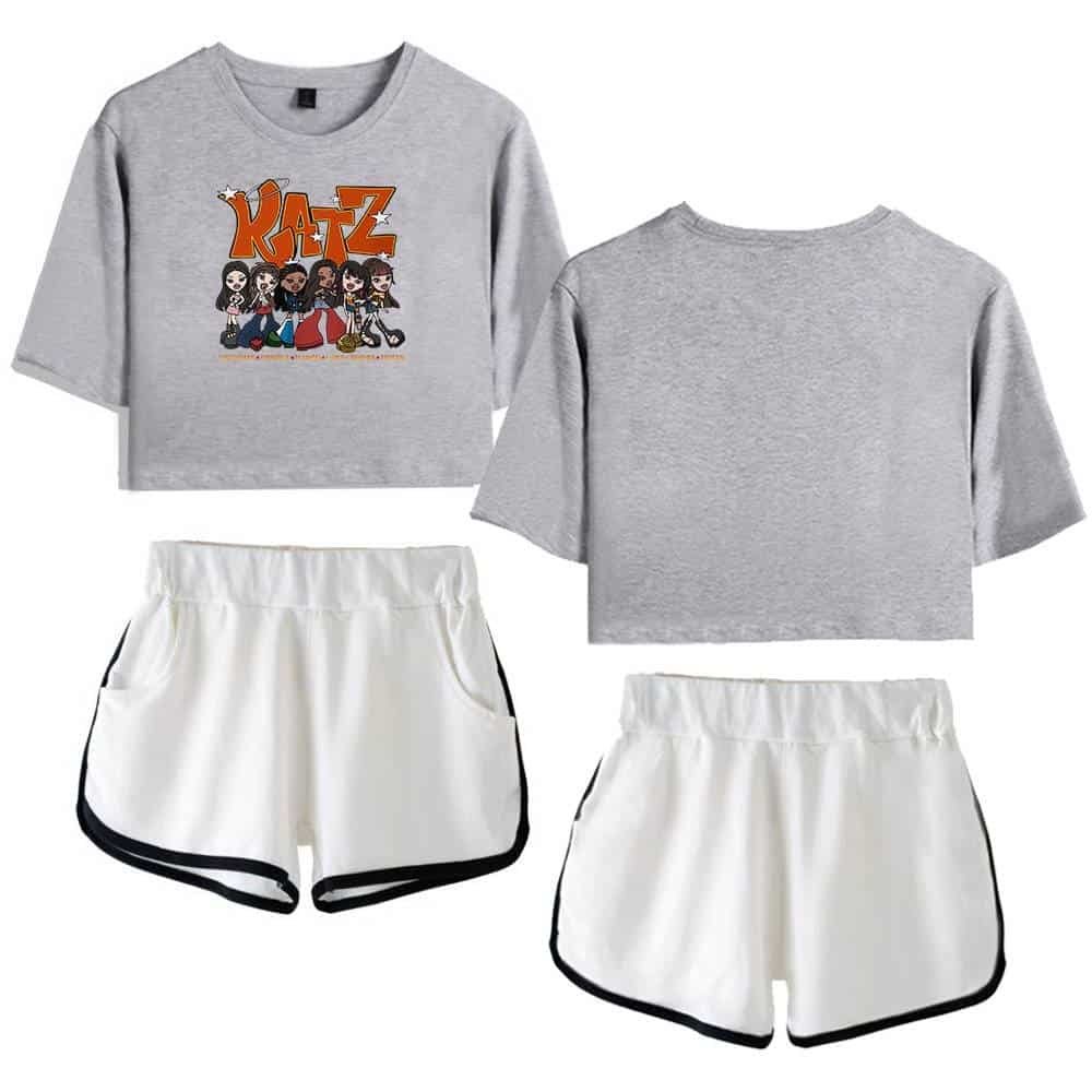KATZ cartoon graphic crop top and athletic shorts set in gray and white, affordable, high-quality casual merchandise for fans or leisurewear.