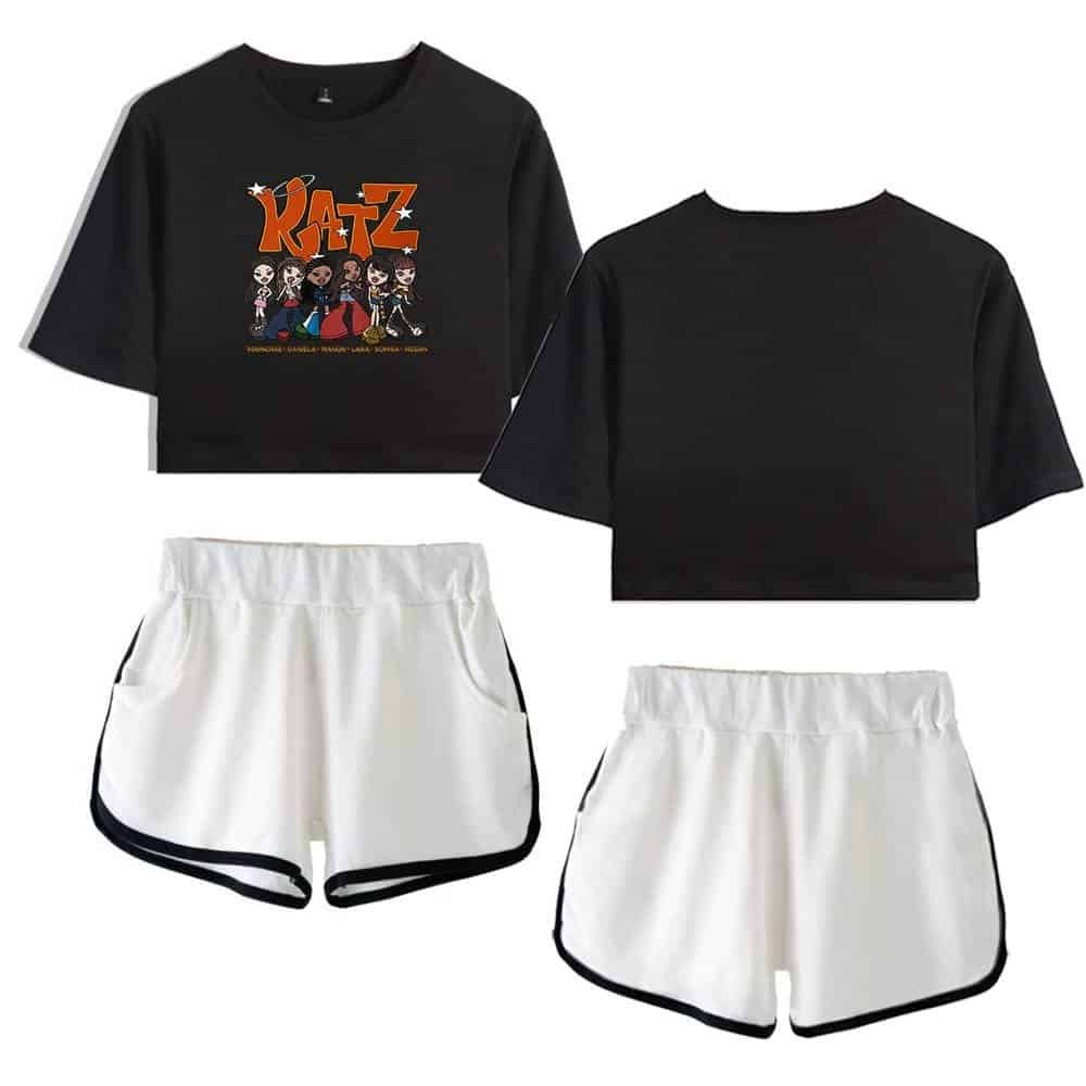 KATZ cartoon graphic crop top and athletic shorts, casual and stylish, suitable for comfortable everyday wear and sports activities.