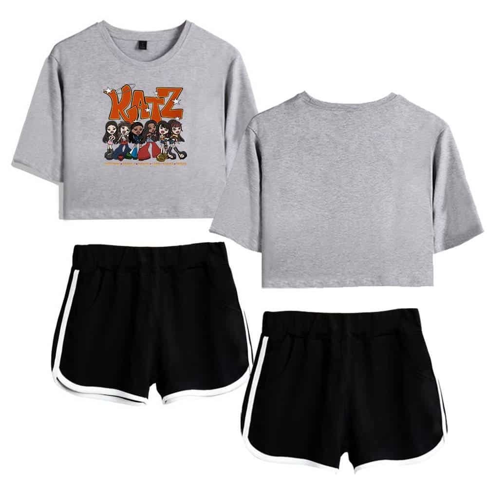Kitz cartoon graphic crop top and athletic shorts set, casual and stylish for everyday wear. Affordable, high-quality merchandise with a comfortable fit and durable material. Perfect for fans and fashion lovers.