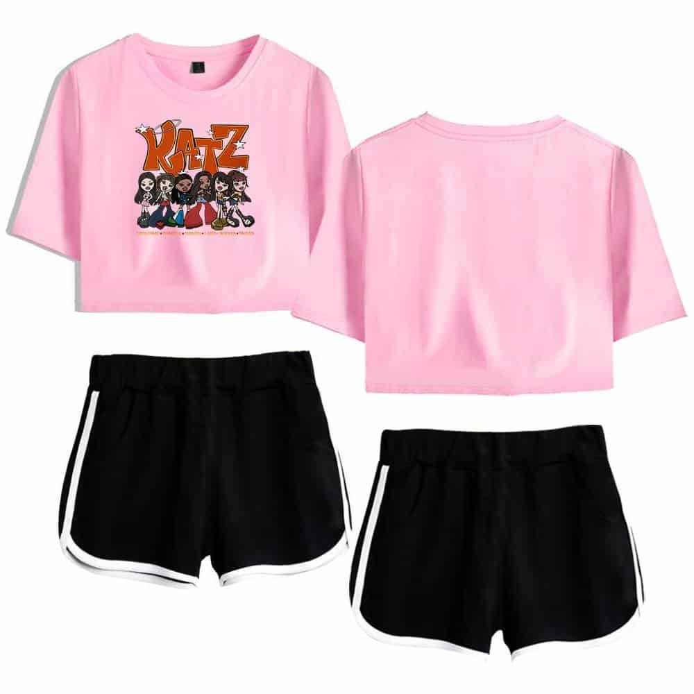 KATZ group of animated girls wearing pink crop tops and black athletic shorts, casual trendy streetwear, cheap high-quality merch.