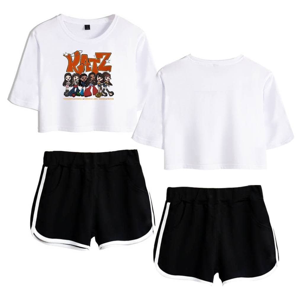 KATZ graphic crop top and black athletic shorts set, casual and affordable high-quality merchandise. Perfect for streetwear or activewear, combining style with comfort. Budget-friendly fashion options for everyday wear.