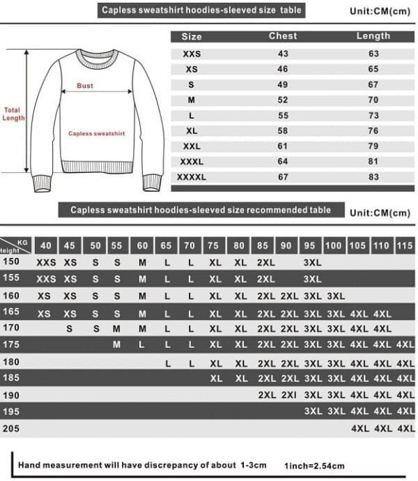 Cheap high quality merch sweatshirt with size chart.