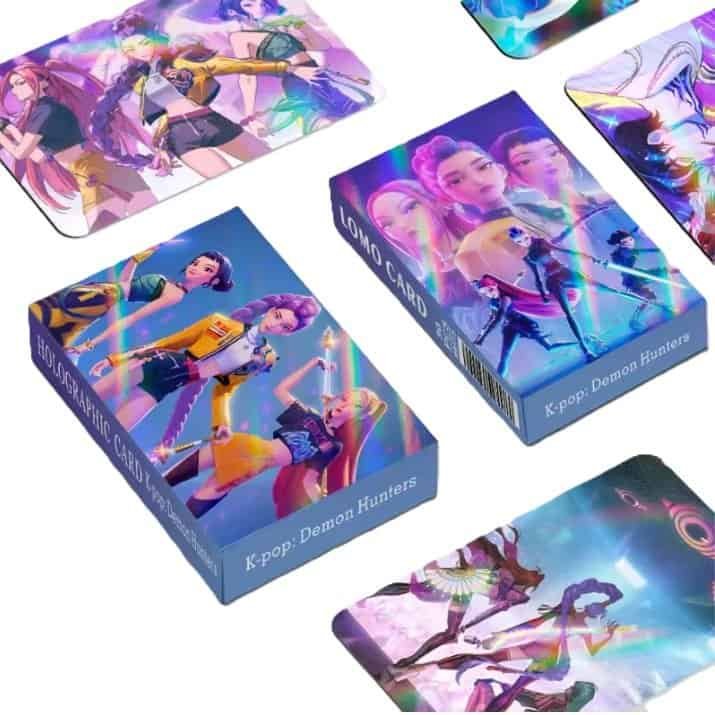 Vibrant K-pop Damon Hunters-themed card sets with colorful anime character artwork, perfect for fans of high-quality, affordable merchandise.