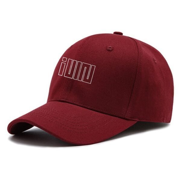 Custom red baseball cap with white geometric logo, affordable high-quality merch item, stylish and durable accessory for casual wear, perfect for fans and fashion enthusiasts.