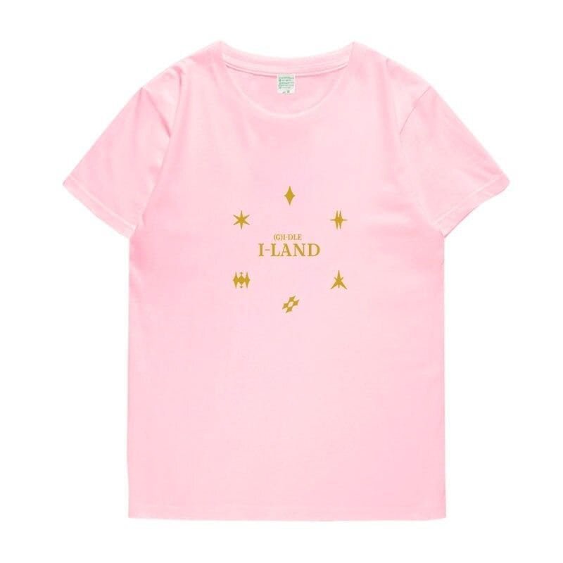 Affordable high-quality pink graphic T-shirt with celestial symbols and "I-LAND" text, stylish and trendy for fans of pop culture.