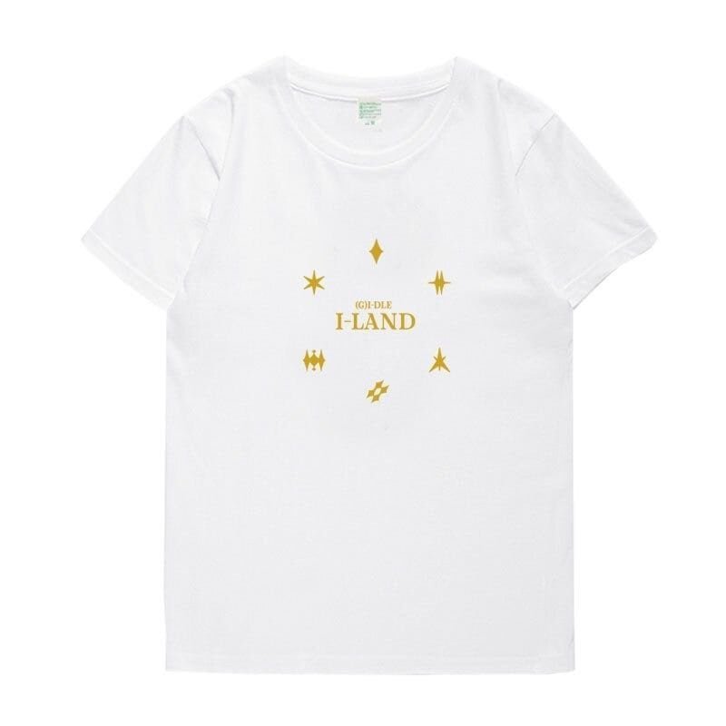 Stars and text design on a plain white T-shirt, affordable high-quality merchandise.