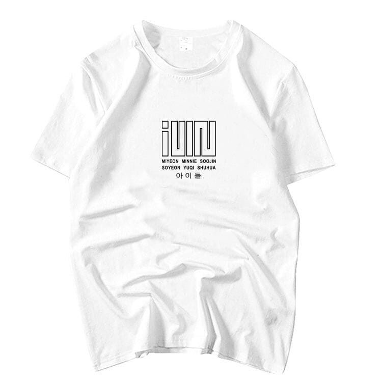 Iwm white graphic t-shirt with Korean writing and names printed on front, casual and affordable high-quality merchandise.