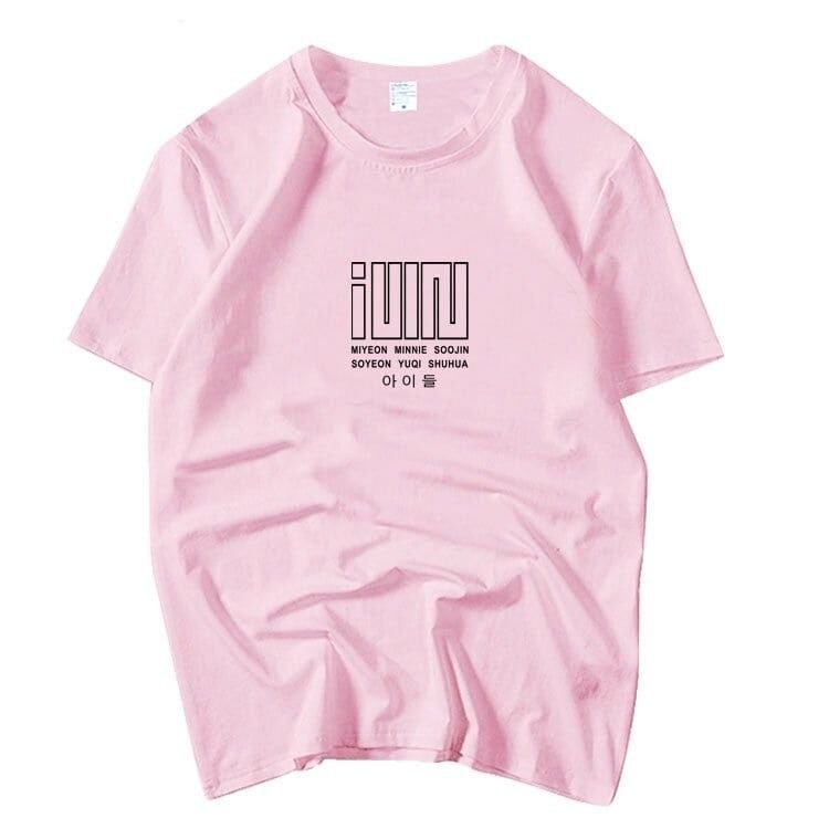 Jumin kpop merchandise pink t-shirt with black textcheap high quality merch for fans and collectors.