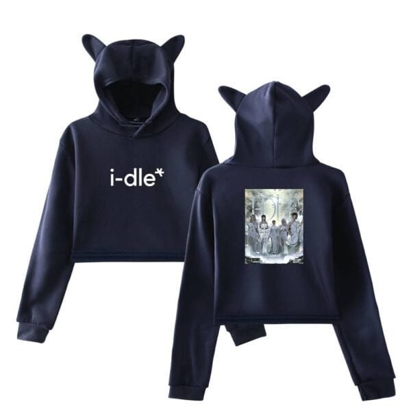 I-dle black hoodie with cute cat ears on the hood, featuring minimalistic text design on the front and a detailed group graphic on the back, perfect for fans of K-pop and streetwear fashion.
