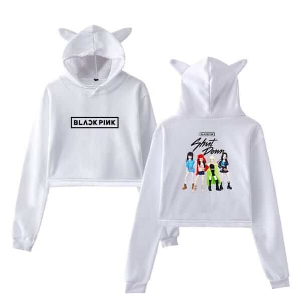 White Blackpink-inspired hoodie with cute animal ears, featuring bold logo on the front and stylish illustration of the girl group on the back, perfect for fans.