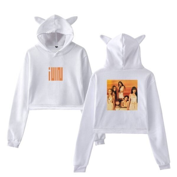 Vintage style white hooded sweatshirt with cute animal ears, featuring bold text on the front and a colorful group photo on the back, perfect for affordable high-quality streetwear.