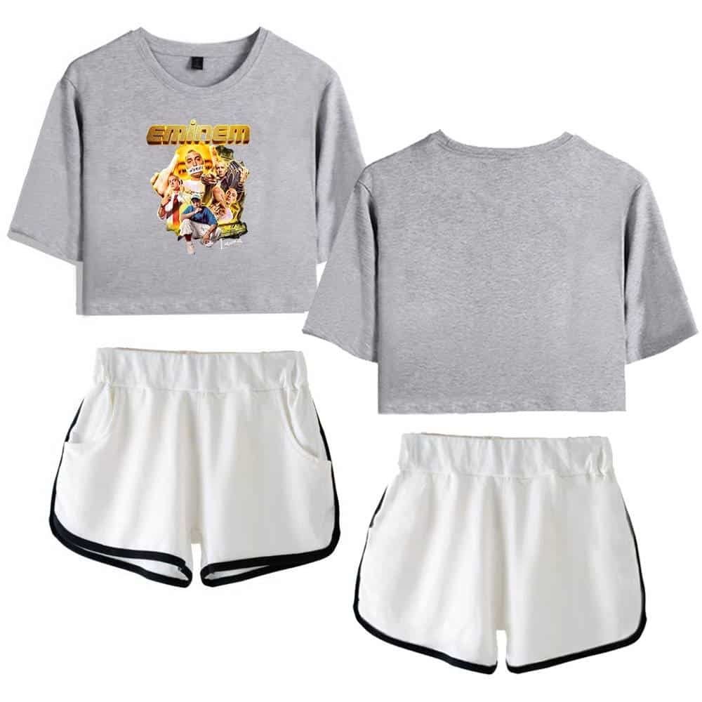 Eminem graphic t-shirt and athletic shorts set, affordable high quality casual wear for fans, stylish and comfortable merch for everyday use.