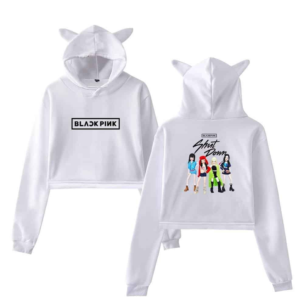 White Blackpink-inspired hoodie with cute animal ears, featuring bold logo on the front and stylish illustration of the girl group on the back, perfect for fans.