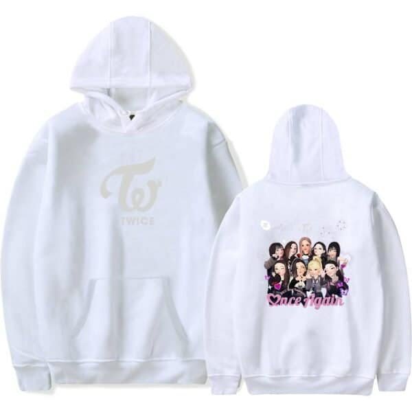 High-quality white hoodie featuring TWICE logo on front and a colorful cartoon-style group graphic on back, with "Once Again" text. Ideal for fans seeking affordable, stylish merch.