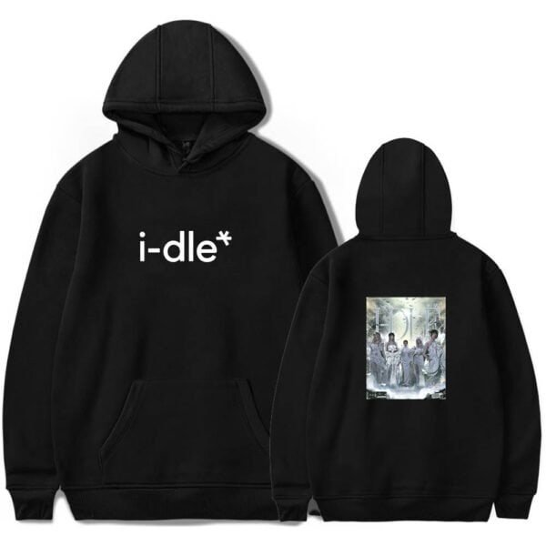 I-dle hoodie with group photo design on back, black high-quality merchandise.