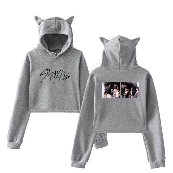 Comfy grey kids hoodie set with cute cat ears, featuring "Stray Kids" text on the front and a photo collage on the back, perfect for affordable high-quality merch.