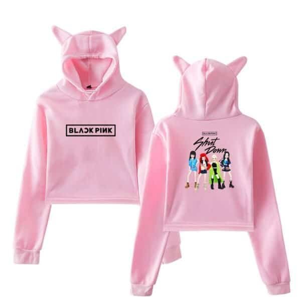 Comfy pink hoodie set inspired by Black Pink, featuring cute animal ears on the hoodie, perfect for fans who want affordable, high-quality merchandise with a fun, stylish design.
