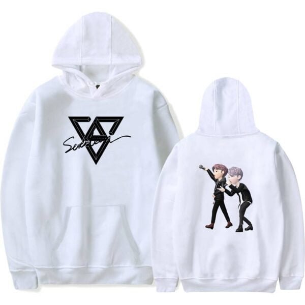 Affordable high-quality white hoodie featuring a stylish triangle logo with the word "Seventeen" on the front and animated characters with a microphone on the back, perfect for K-pop fans.