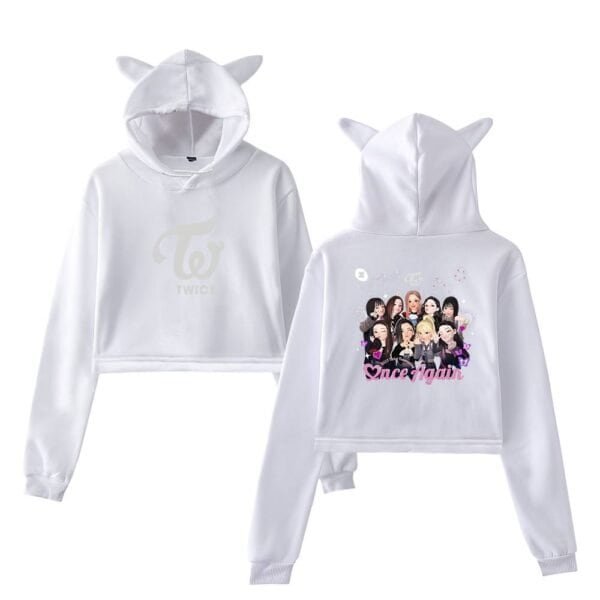 White hoodie with cute ears and TWICE logo, perfect for fans of the K-pop group, affordable and high-quality casual wear, ideal for everyday fashion or fan gatherings, combines comfort and style effortlessly.