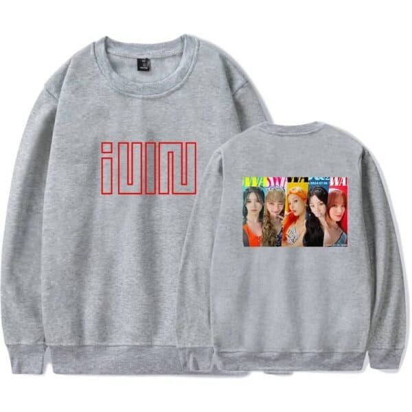 Jum "iUMU" sweatshirt with colorful group photo of young women on the back, stylish casual wear for fans and teens, affordable high-quality merchandise.