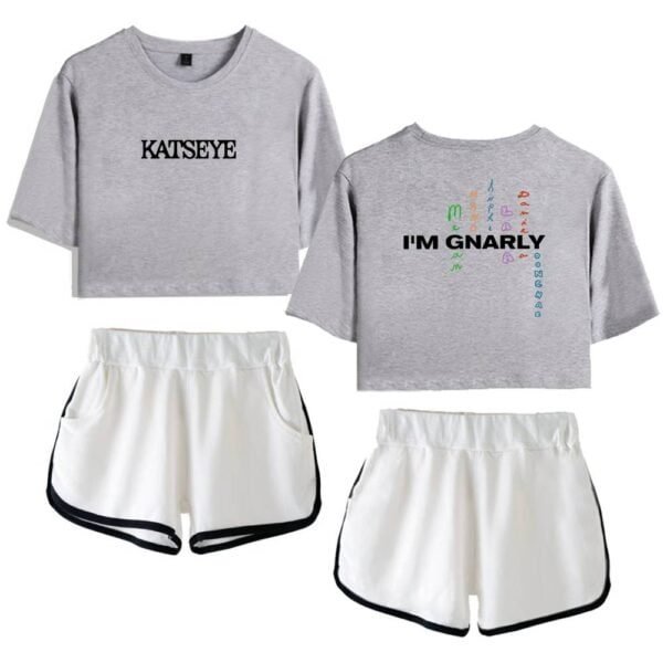 KATSEYE and I'M GNARLY printed casual crop tops paired with white athletic shorts with black trim, perfect for stylish, affordable, high-quality merchandise.
