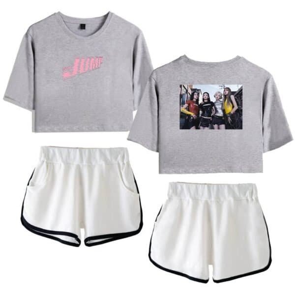 Junk-style cropped gray sweatshirt with pink text and graphic print, paired with white athletic shorts with black trim, designed for a casual, sporty look. Perfect for affordable high-quality merchandise.