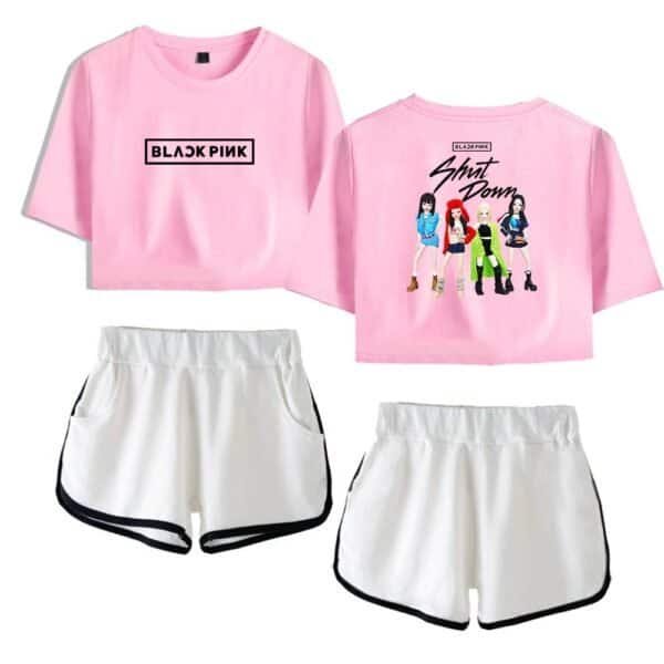 Pink Blackpink graphic t-shirt and shorts set, affordable high-quality merch for K-pop fans, featuring vibrant band artwork and comfortable casual wear, perfect for music events and everyday style.