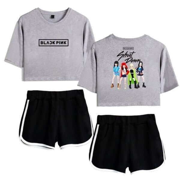 Black pink group sweatshirt and shorts set, casual and stylish, featuring popular K-pop girl group design, perfect for streetwear or lounge, affordable high-quality merchandise for fans.