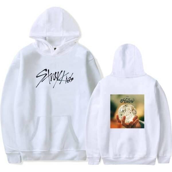 Affordable high-quality white hoodie with trendy "Stay Kids" front print and mystical "Hallow" moon art back design, perfect for stylish, budget-friendly merch collection.