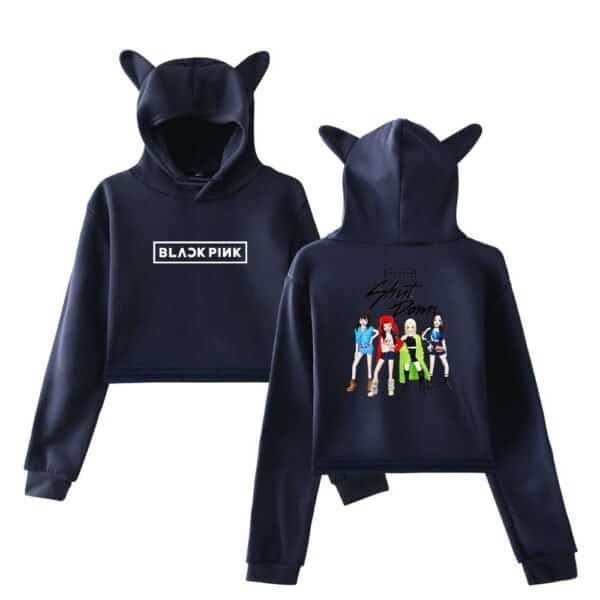 Stylish black hoodies with fun character designs, perfect for fans of K-pop and pop culture, affordable yet high-quality, with cute animal-ear hoods for a playful look.